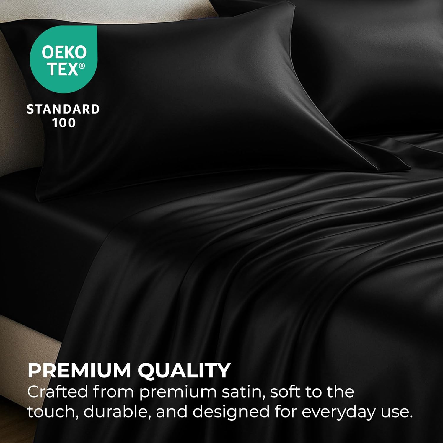 Pure Bedding Satin Sheets - Luxury Silky 4-Piece Queen Set in Black | Extra Soft 1800 Microfiber, Deep Pocket Design