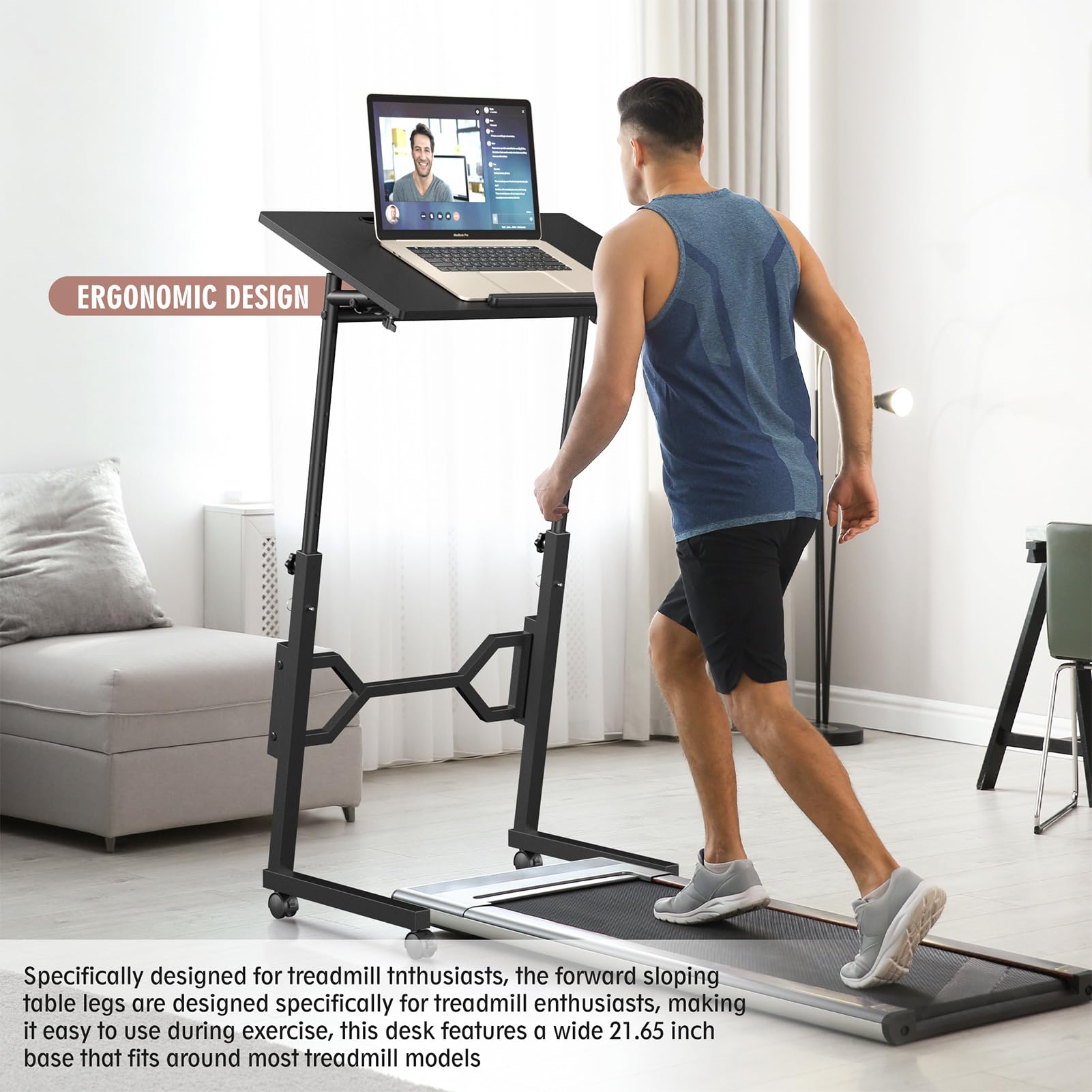 Enayplon Small Standing Desk with Wheels, Portable Treadmill Desk, Rolling Desk Adjustable Height for Laptop, Mobile Standing Table for Walking Pad, Bedside Table