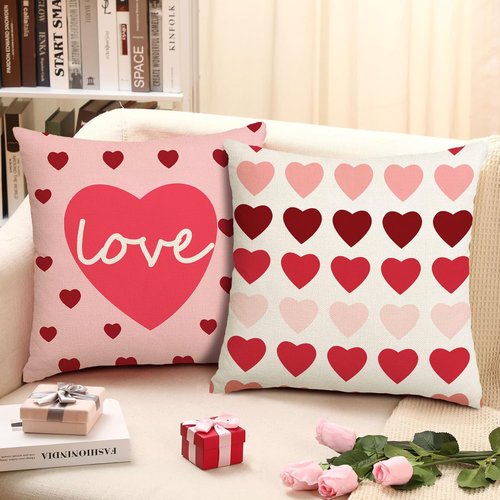 Yjunue Valentine's Day Love Heart Red Pink Throw Pillow Covers,18 x 18 Inch Red White Stripes Love Heart Anniversary Wedding Valentine Decoration Cushion Case,Set of 4