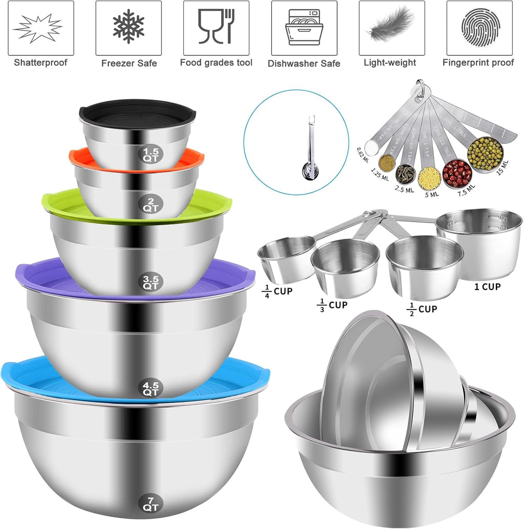 WEPSEN Mixing Bowls Set - 25PCS Stainless Steel Nesting Bowls with Lids & Measuring Tools for Baking and Cooking