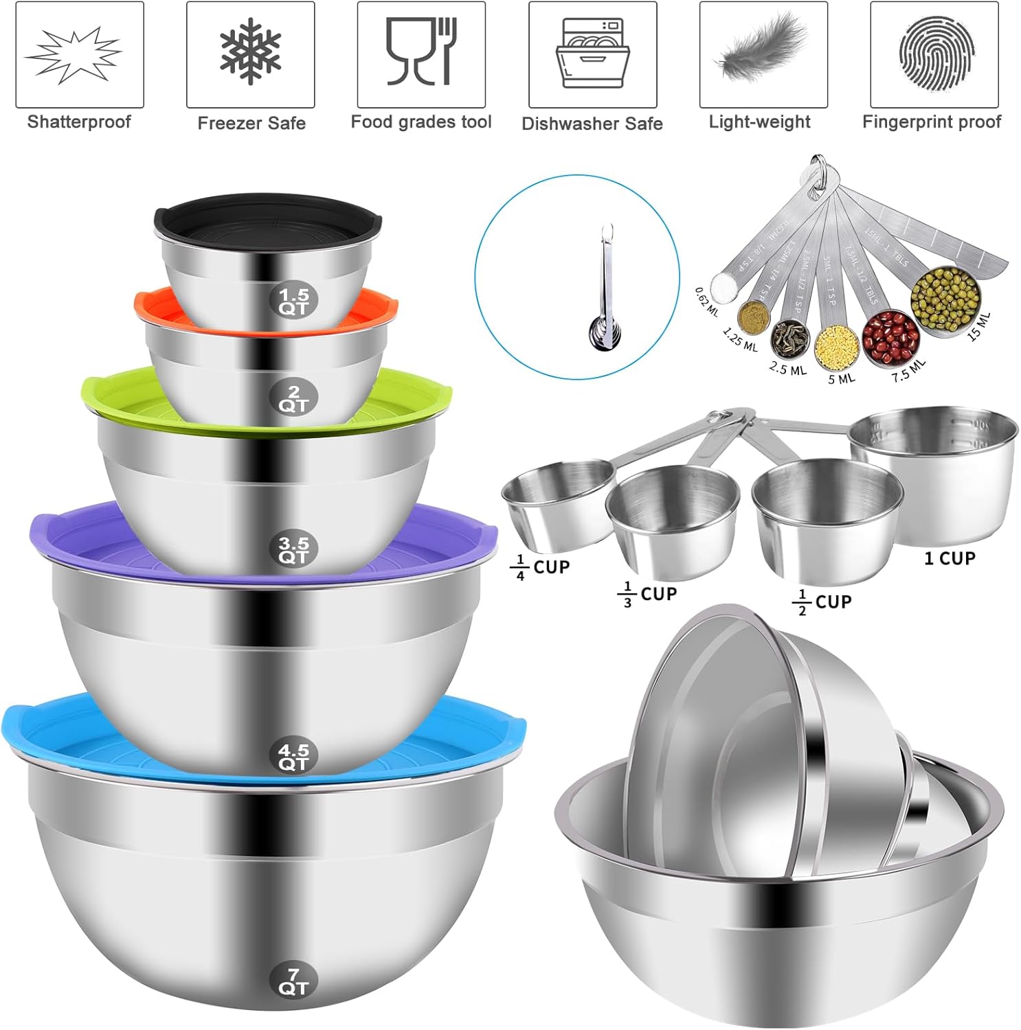 WEPSEN Mixing Bowls Set - 25PCS Stainless Steel Nesting Bowls with Lids & Measuring Tools for Baking and Cooking