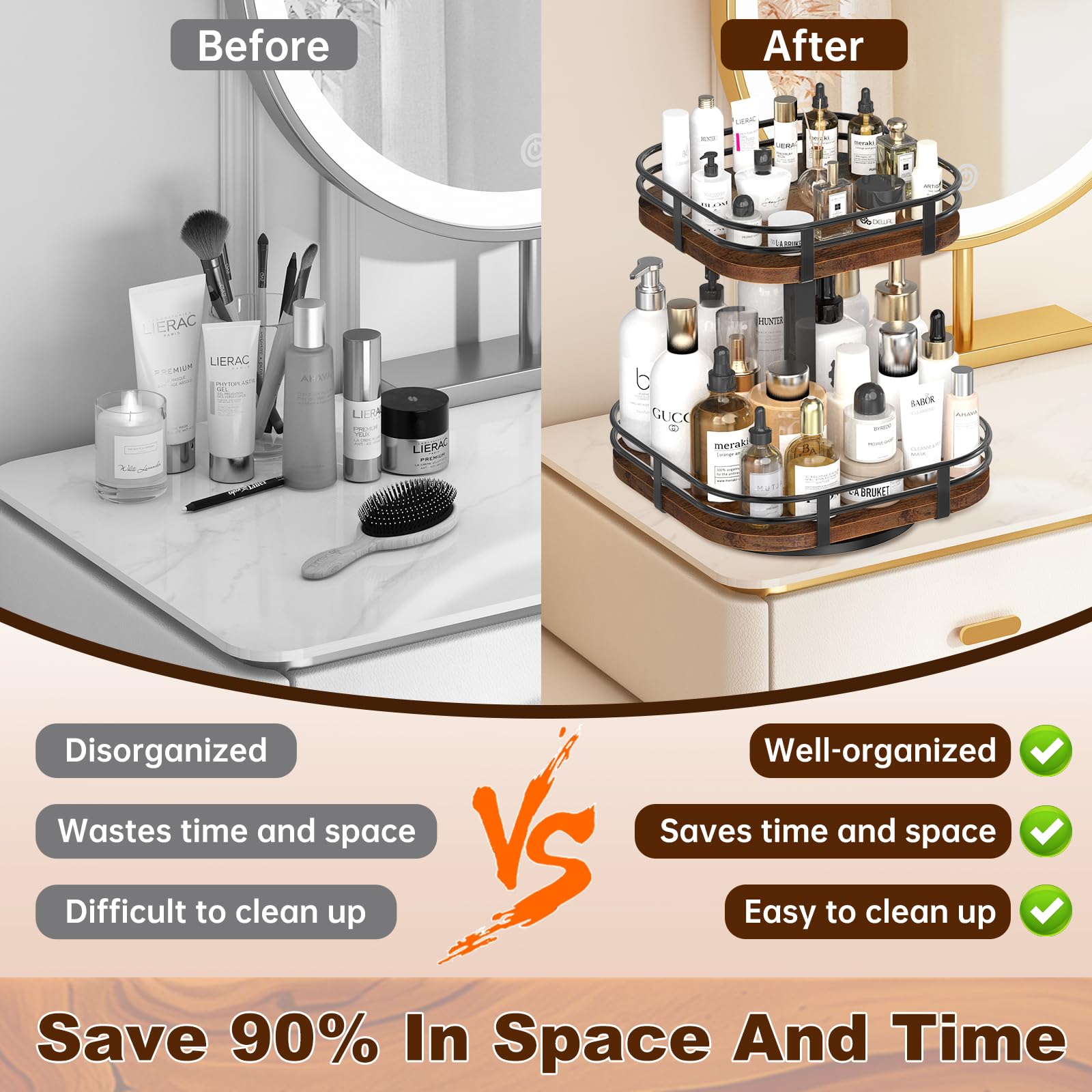 12" Large Lazy Susan Turntable Organizer Adjustable - Rotating Spice Rack for Table Top, 2 Tier Wood Spice Cabinet Organizer for Pantry Kitchen Countertop Coffee Bar Cupboard Bathroom Vanity Storage