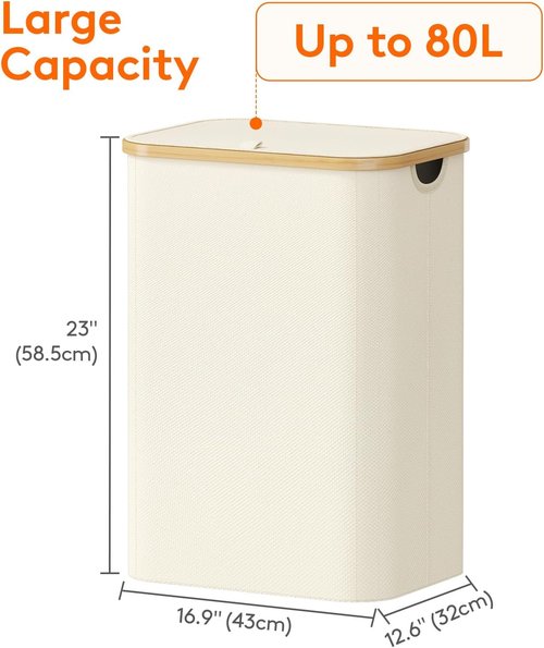 Lifewit 80L Laundry Basket - Foldable Hamper with Lid & Bamboo Handles | Removable Bag, White