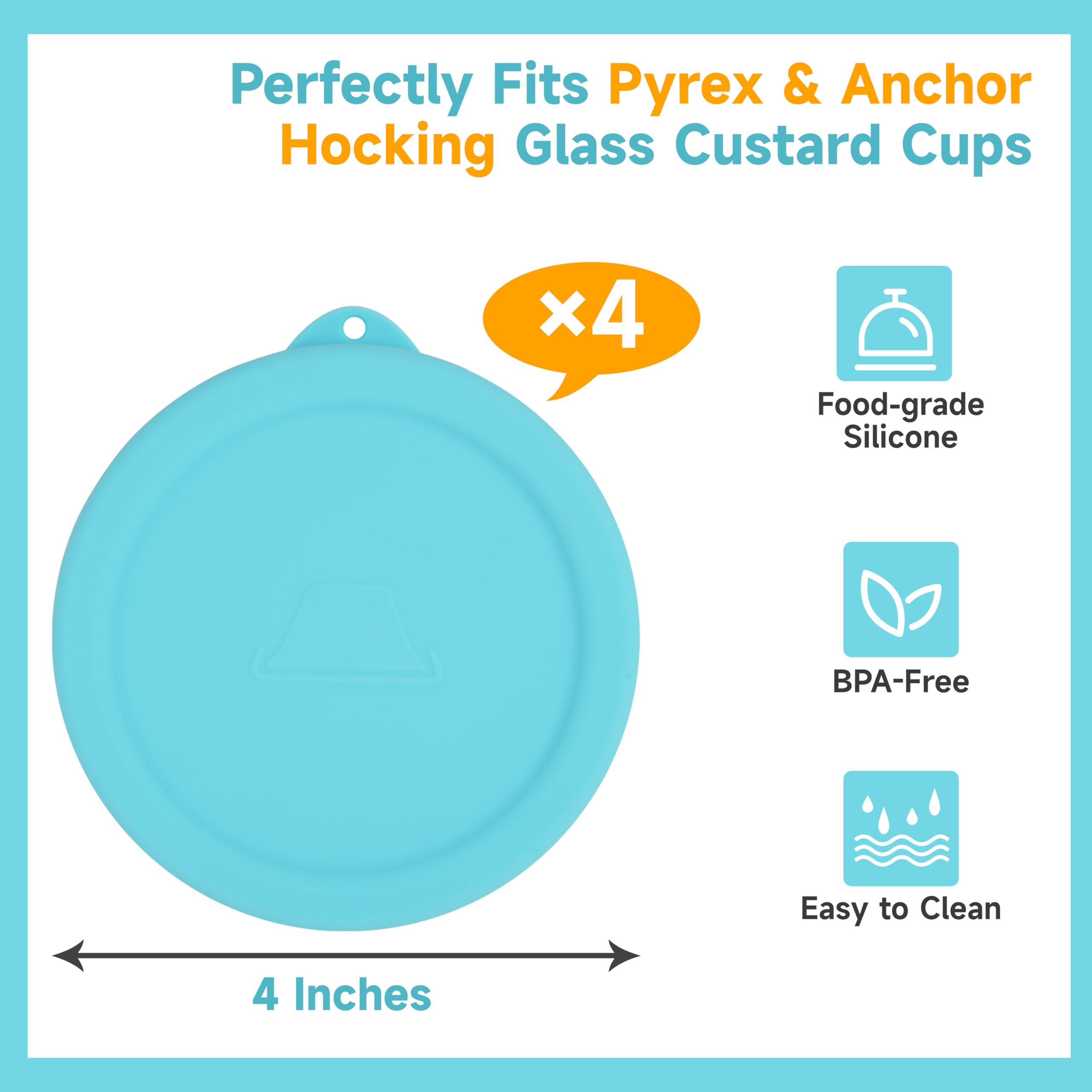 Purekra 4 PCS Silicone Replacement Lids for Pyrex and Anchor Hocking Glass Custard Cups 6oz, Prepware Dessert Cup Cover, Silicone Lids for Food Storage, Dishwasher Safe (Containers NOT Included)