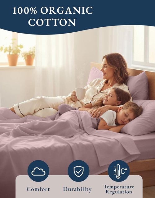 Lane Linen 100% Organic Cotton King Size Bed Sheets - Luxurious Oeko-Tex Certified Percale in Lilac