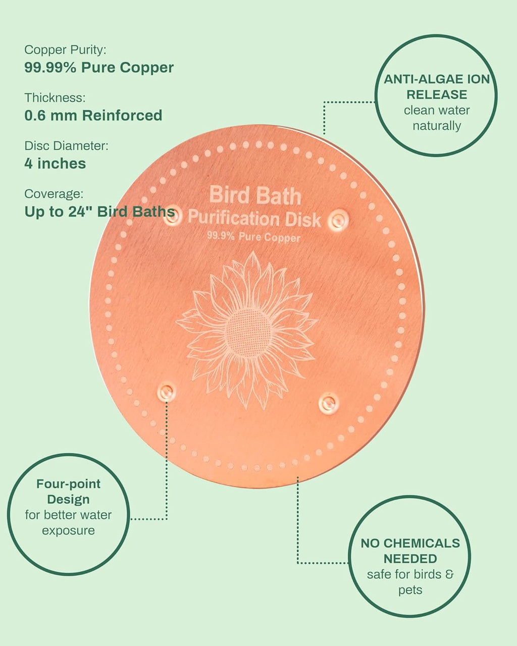 Skiennix Bird Bath Purification Disk - Solar-Powered Copper Fountain for Hummingbirds & Bees