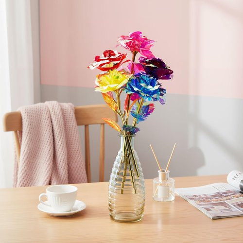 Lyrow 12 Pcs Galaxy Rose Floral Mother's Day Present Flowers with Stems Present for Mom Her Forever Preserved 24k Fake Crystal Rose for Birthday Wedding Decor, 10'' (Multicolor)