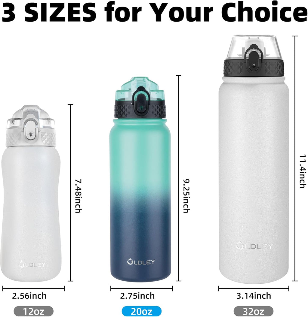 Oldley Insulated Water Bottle - 20oz Stainless Steel with 3 Lids & Fruit Strainer | BPA-Free, Leak-Proof