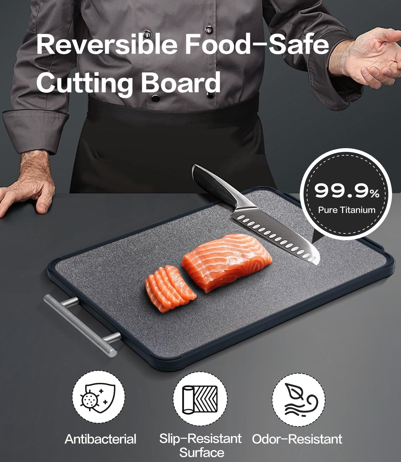Titanium Cutting Board - Double-Sided Food-Grade Board with Stand | Textured Titanium for Meat & PP for Veggies (14.5” x 11”)