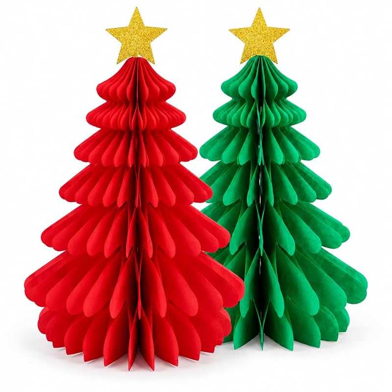 2-Piece Christmas Tree Honeycomb Paper Ornaments - Red & Green