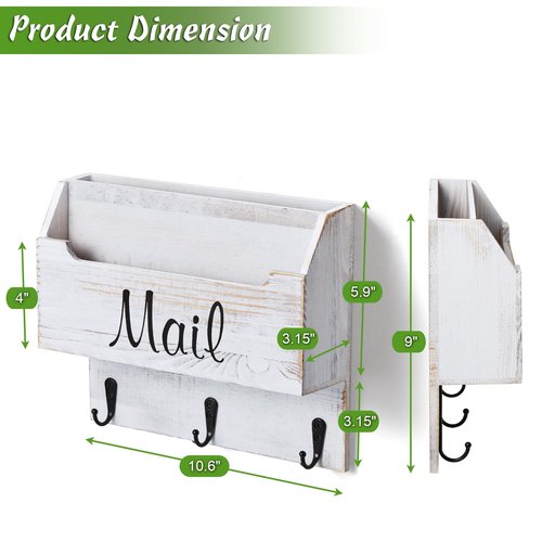 DRASTAR Mail Organizer Wall Mounted, Wooden Mail & Key Holder for Wall, Hanging Mail Organizer, Retro White Mail Basket for Home Office