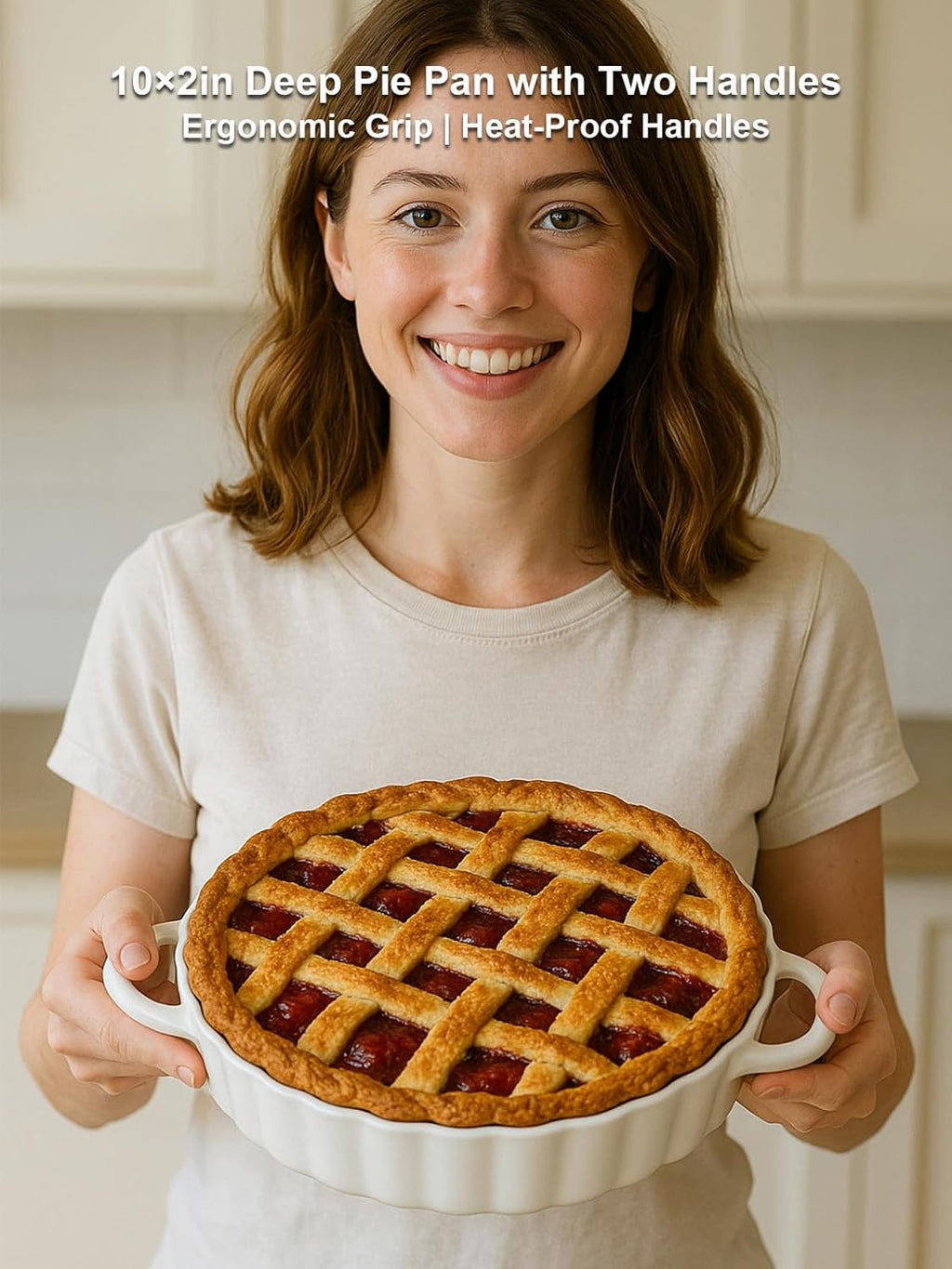 Skiennix Deep Ceramic Pie Pan - 10x2 Inch with Easy Grip Handles | Lead-Free, Oven Safe for Baking