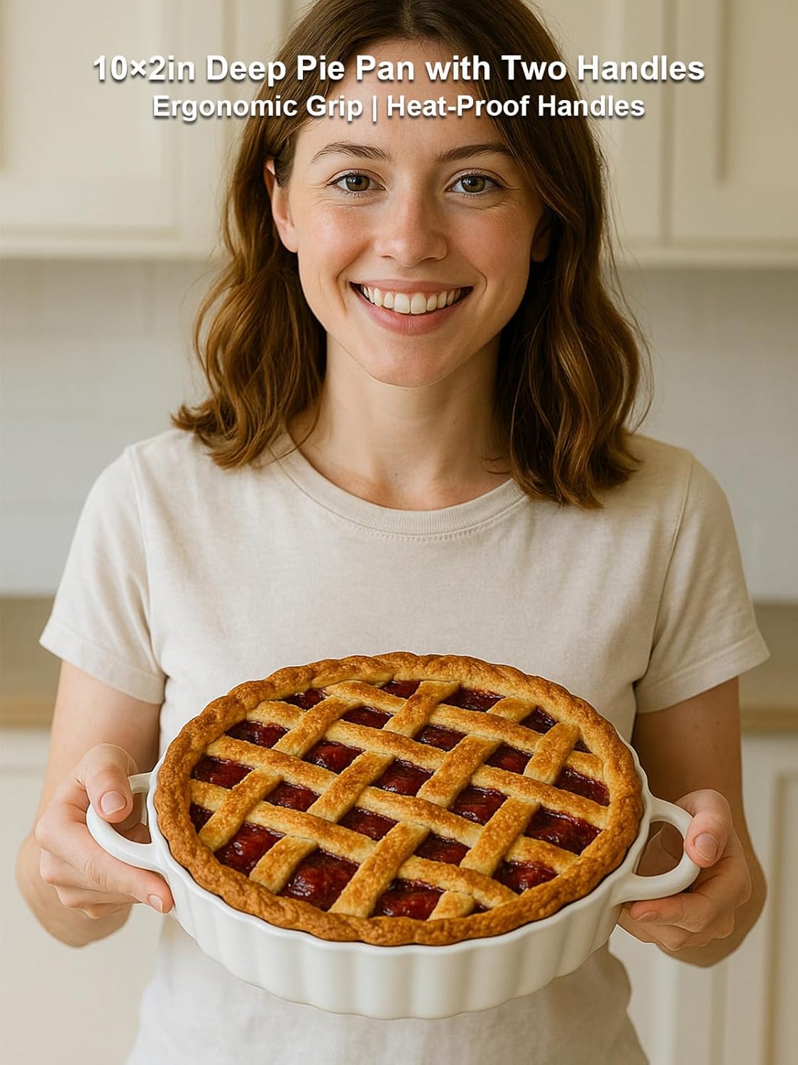Skiennix Deep Ceramic Pie Pan - 10x2 Inch with Easy Grip Handles | Lead-Free, Oven Safe for Baking