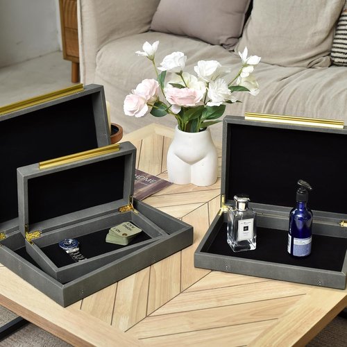 DECOR4SEASON Faux Shagreen Storage Boxes - Set of 3 Stackable Jewelry Organizers with Gold Handles & Velvet Lining, Modern Grey Design for Vanity & Entryway Decor