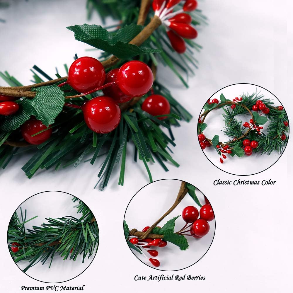 YBB Christmas Candle Rings - 8Pcs Small Artificial Red Berry Wreath Holders for 3-Inch Pillar Candles | Rustic Wedding Decor