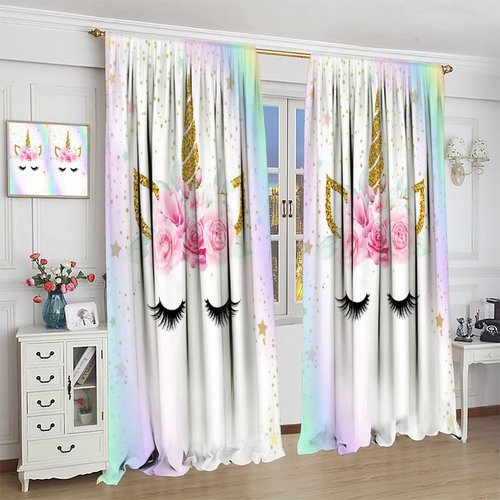 Kids Unicorn Curtains Rainbow Unicorn Window Curtain Fabric Thermal Insulated for Girl Room 42X45 Inch Decor