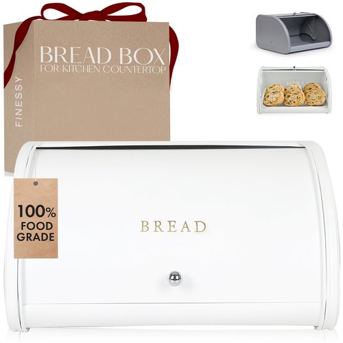 Modern Metal White Bread Box for Kitchen Countertop for Homemade Loaf Sourdough, Roll Top Breadbox for Kitchen Countertop Storage Container Bin, Farmhouse Stainless Steel Bread Keeper for Counters