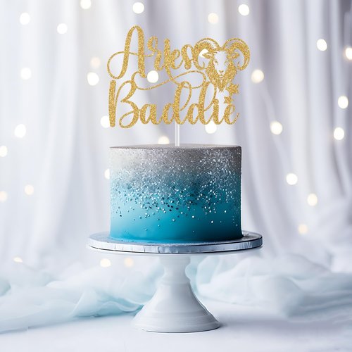 Aries Baddie Cake Topper - Gold Glitter Zodiac Birthday Decoration for March & April Celebrations