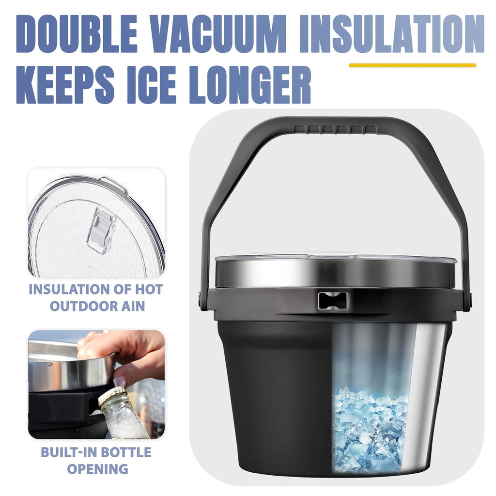 COKTIK 7L Vacuum Insulated Ice Bucket with Lid and Scoop& Tongs，Large capacity Stainless Steel Beverage Bucket for Cocktail, Champagne, Wine, Beer，Large Parties（Carbon Black Suit）