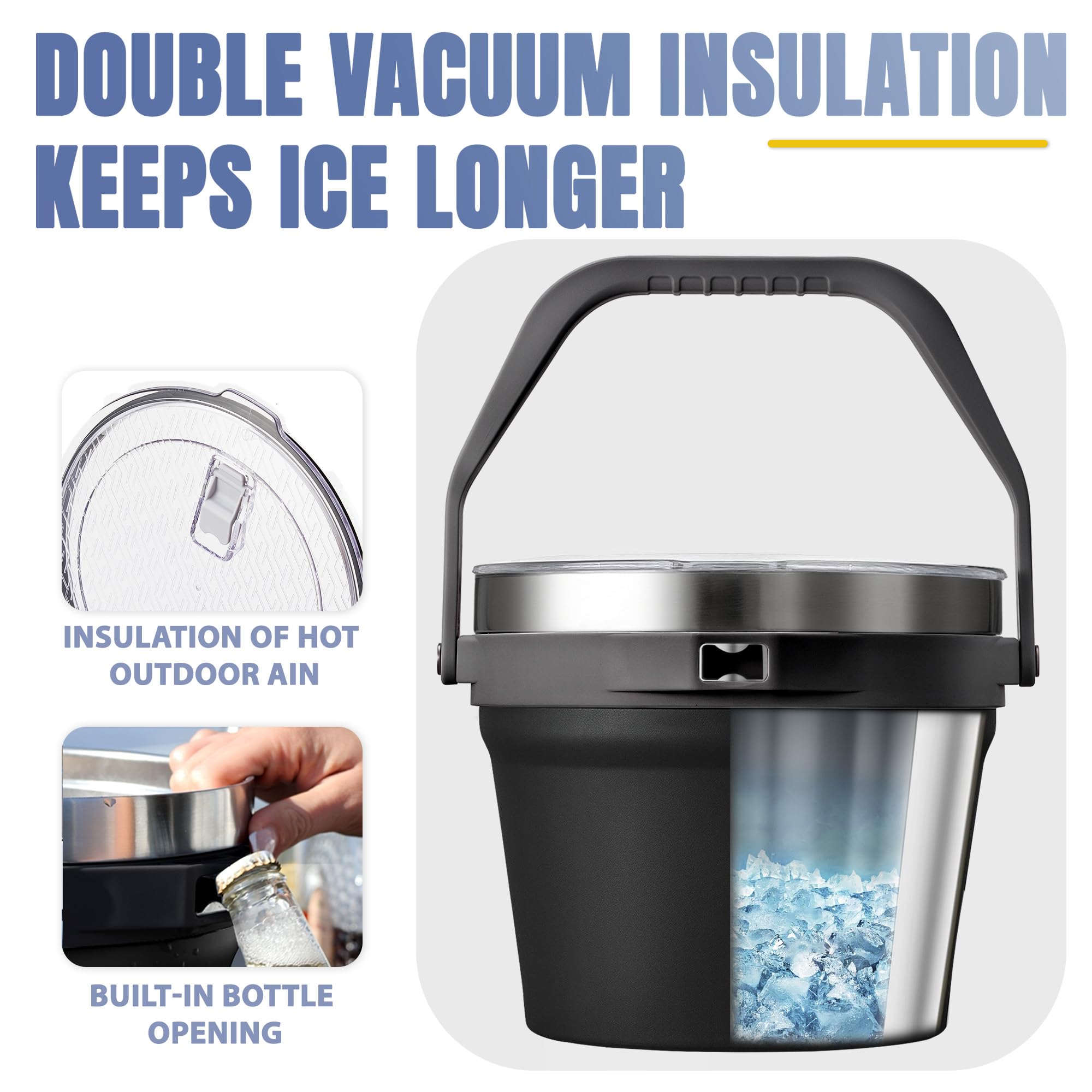 COKTIK 7L Vacuum Insulated Ice Bucket with Lid and Scoop& Tongs，Large capacity Stainless Steel Beverage Bucket for Cocktail, Champagne, Wine, Beer，Large Parties（Carbon Black Suit）