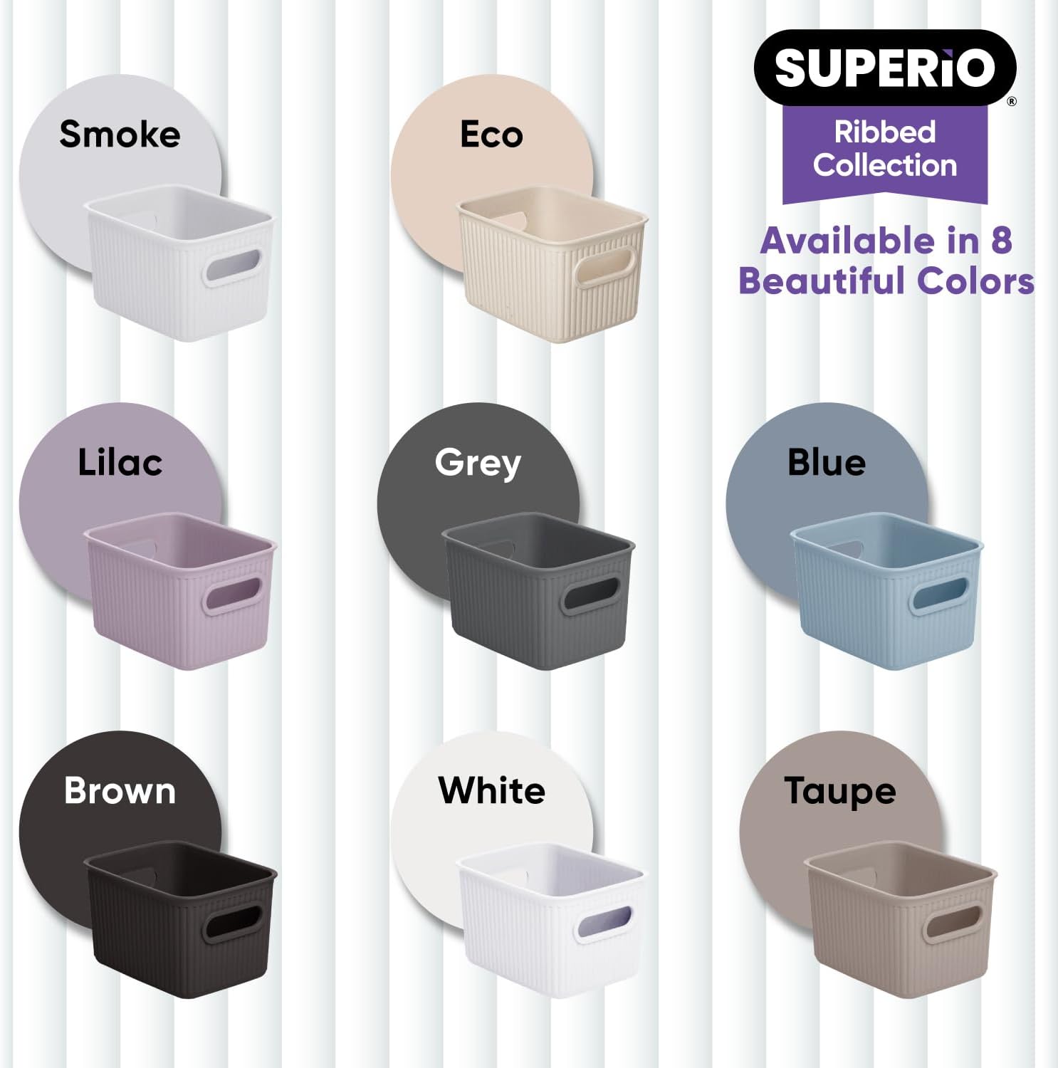 Superio Ribbed Collection - Small Taupe Decorative Plastic Storage Bins | 1.5 Liter Organizer for Home