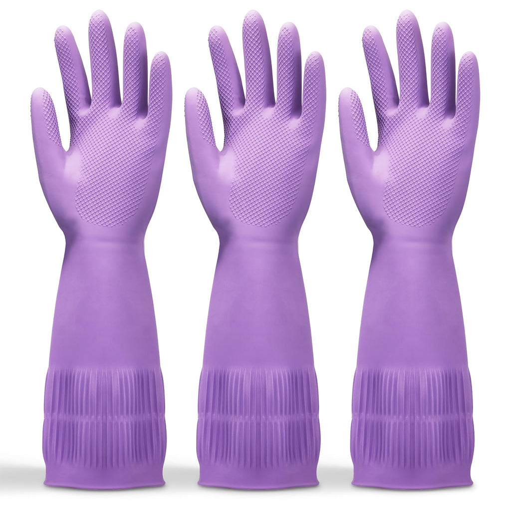FMP Brands 3 Pairs 15 Inch Extra Long Rubber Dishwashing Gloves - Non-Slip for Cleaning, Kitchen, Bathroom, Gardening (Medium, Purple)