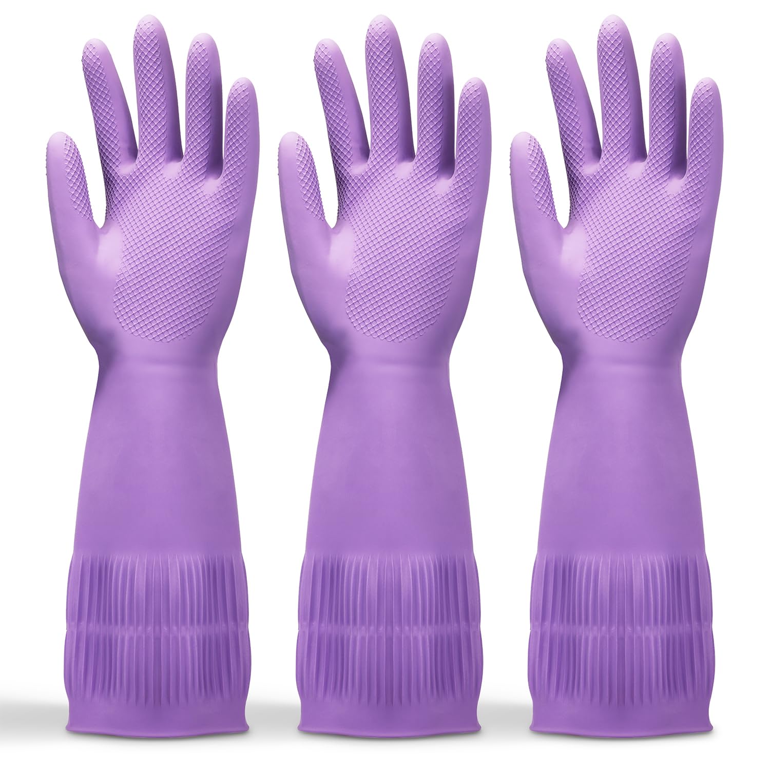 FMP Brands 3 Pairs 15 Inch Extra Long Rubber Dishwashing Gloves - Non-Slip for Cleaning, Kitchen, Bathroom, Gardening (Medium, Purple)