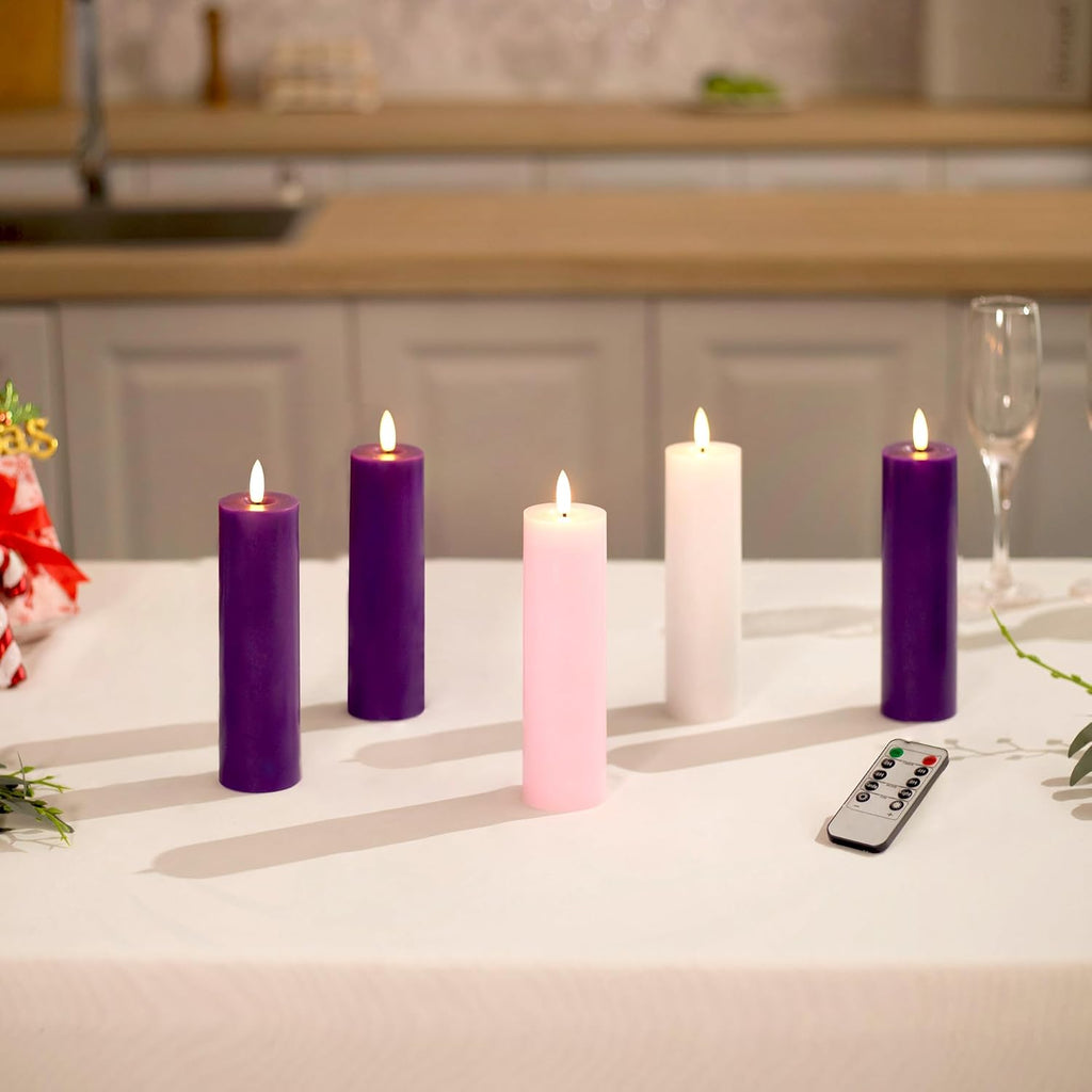 Stmarry Advent Candles Set - Battery Operated Flameless Pillar Candles with Remote & Timer | 2x7 Pink & Purple
