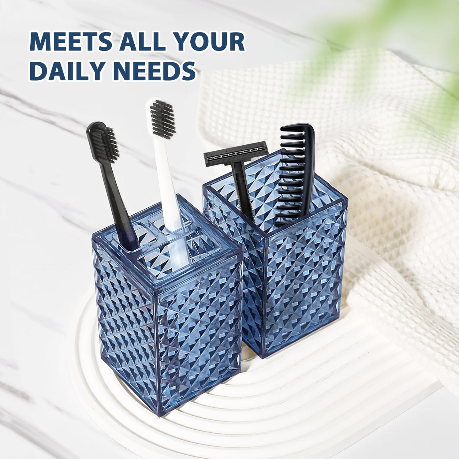 RYTOXILO Bathroom Accessories Set - 4 Pack Blue Acrylic Bath Essentials | Diamond Soap Dispenser & Toothbrush Holder