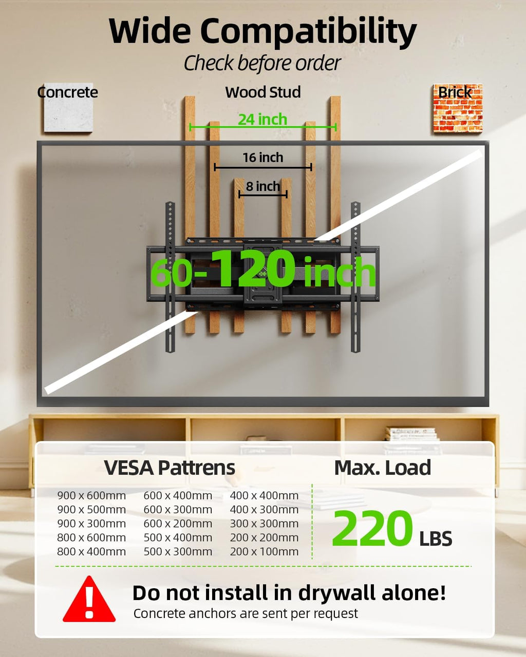 USX MOUNT Heavy Duty Full Motion TV Wall Mount - Supports 60-120 Inch TVs Up to 220lbs | 28" Extension, Max VESA 900x600mm