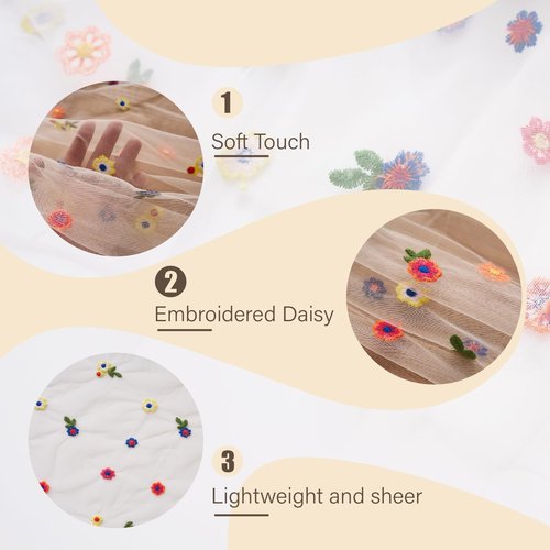 Champagne Embroidery Daisy Table Runner 10ft 120 Inch Fall Florals Gauze Tulle Sheer Cheesecloth Holiday Kitchen Dining Table Decoration for Home Wedding Party Baby Shower Birthday Decorations