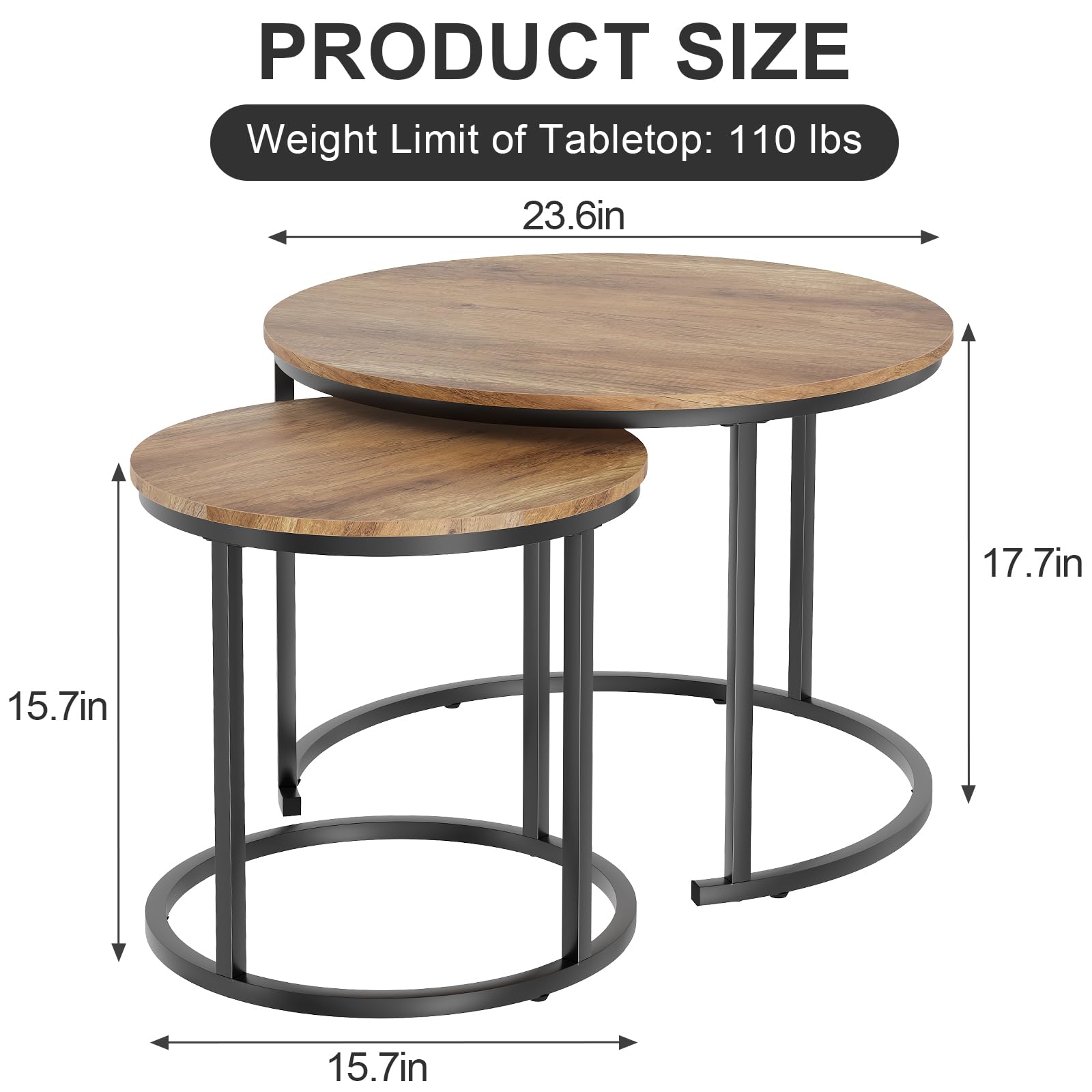Garden 4 you Nesting Coffee Table, 23.6" Round Coffee Table Set of 2, Wooden Nesting Table Set for with Metal Frame, Side Tables for Living Room Bedroom Balcony, Brown