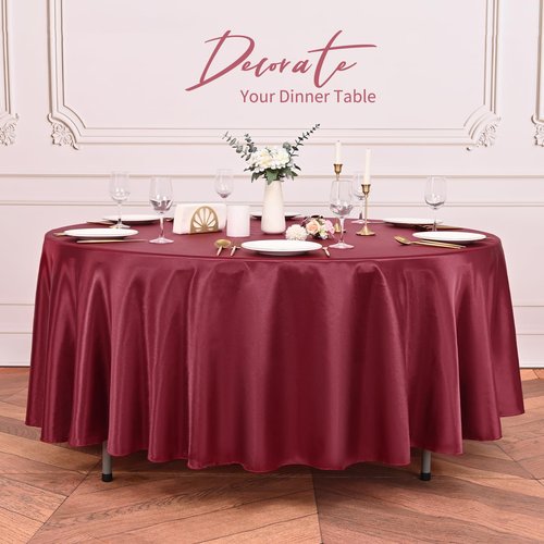 Pesonlook 12 Pack Burgundy Round Tablecloth, 120 Inch Satin Fabric Tablecloth for Round Table, Wrinkle Resistant Washable TableCover Bright Silk TableClothes for Wedding Party Dining Table Banquet