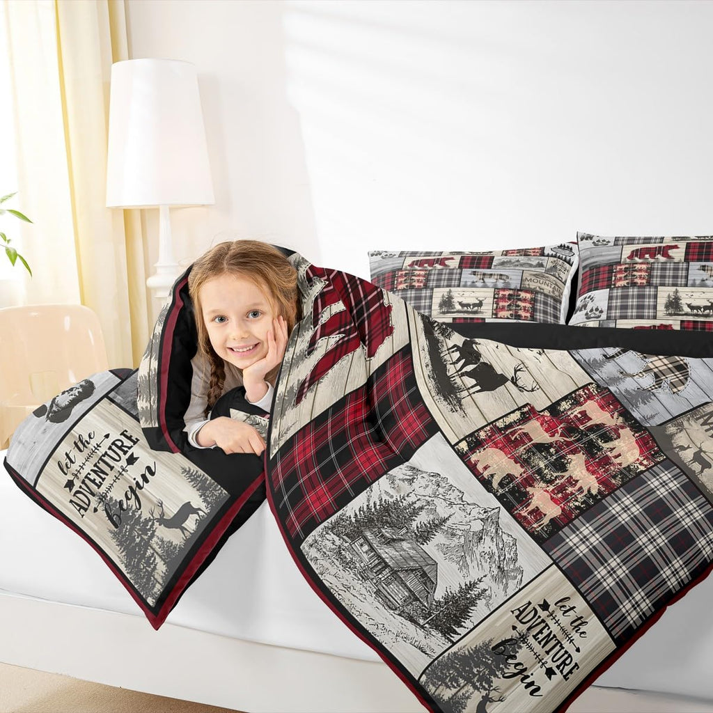Rustic Cabin Comforter Set Full Woodland Wolf Deer Bear Comforter For Kids Adults,Red Black Buffalo Plaid Bedding Set Wildlife Camping Lodge Mountain Quilt Bedding Southwestern Farmhouse Decor