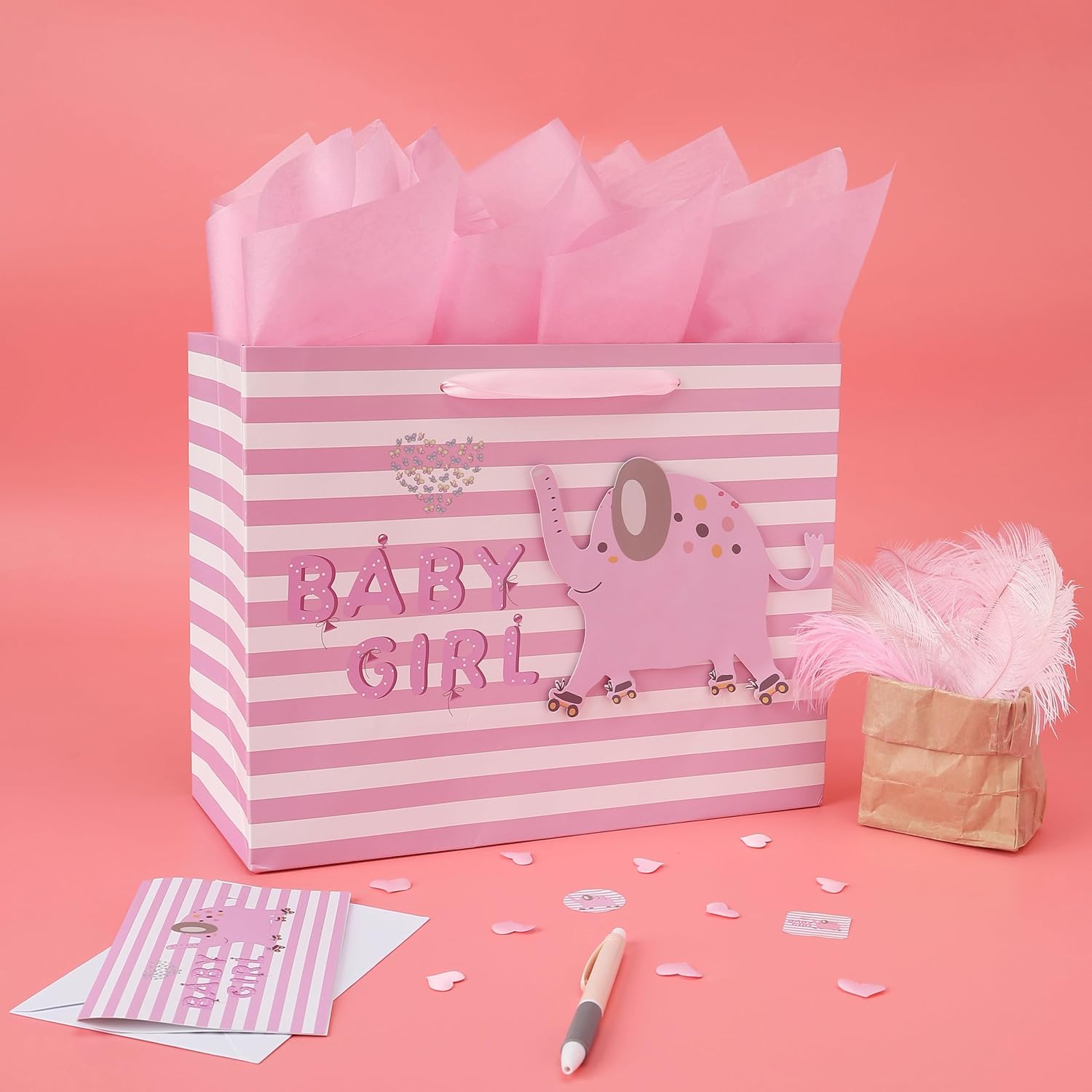 Wishinside 13" Large Pink Gift Bag Set - 3D Elephant Design with Greeting Card & Tissue Paper | Perfect for Baby Showers & Kids' Birthdays
