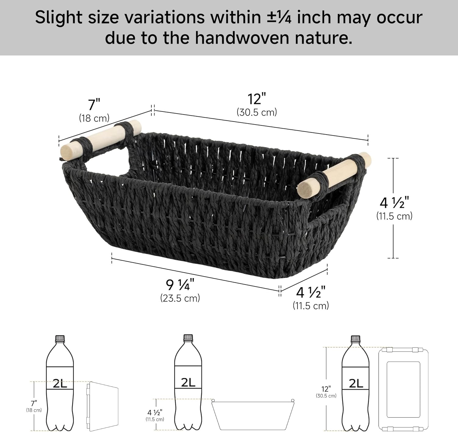 StorageWorks Black Wicker Storage Baskets - Small Woven Organizers with Wooden Handles | 2-Pack