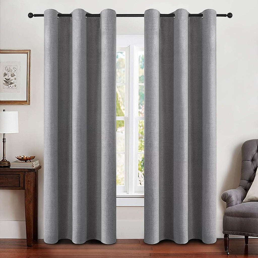 MIULEE Linen Blackout Curtains - 100% Room Darkening Thermal Insulated Grommet Panels | Grey, 42"x84" (2 PCs)