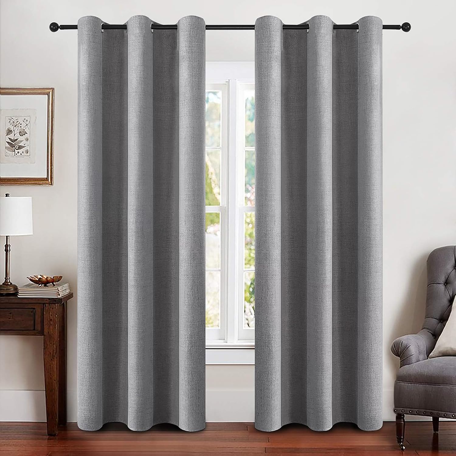 MIULEE Linen Blackout Curtains - 100% Room Darkening Thermal Insulated Grommet Panels | Grey, 42"x84" (2 PCs)