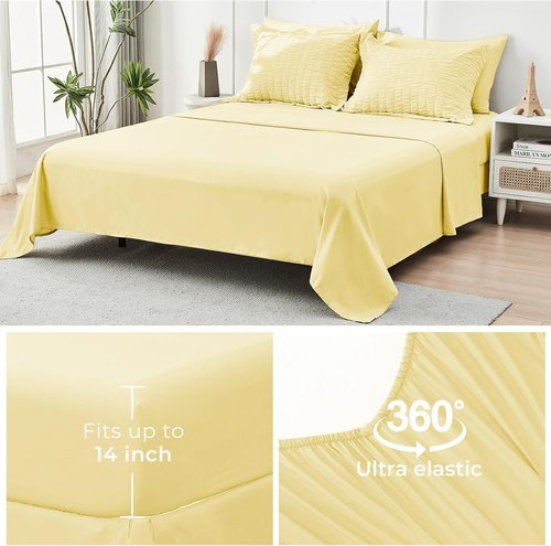 HYMOKEGE Queen Comforter Set - Luxury 7-Piece Seersucker Bedding Set for All Seasons | Yellow