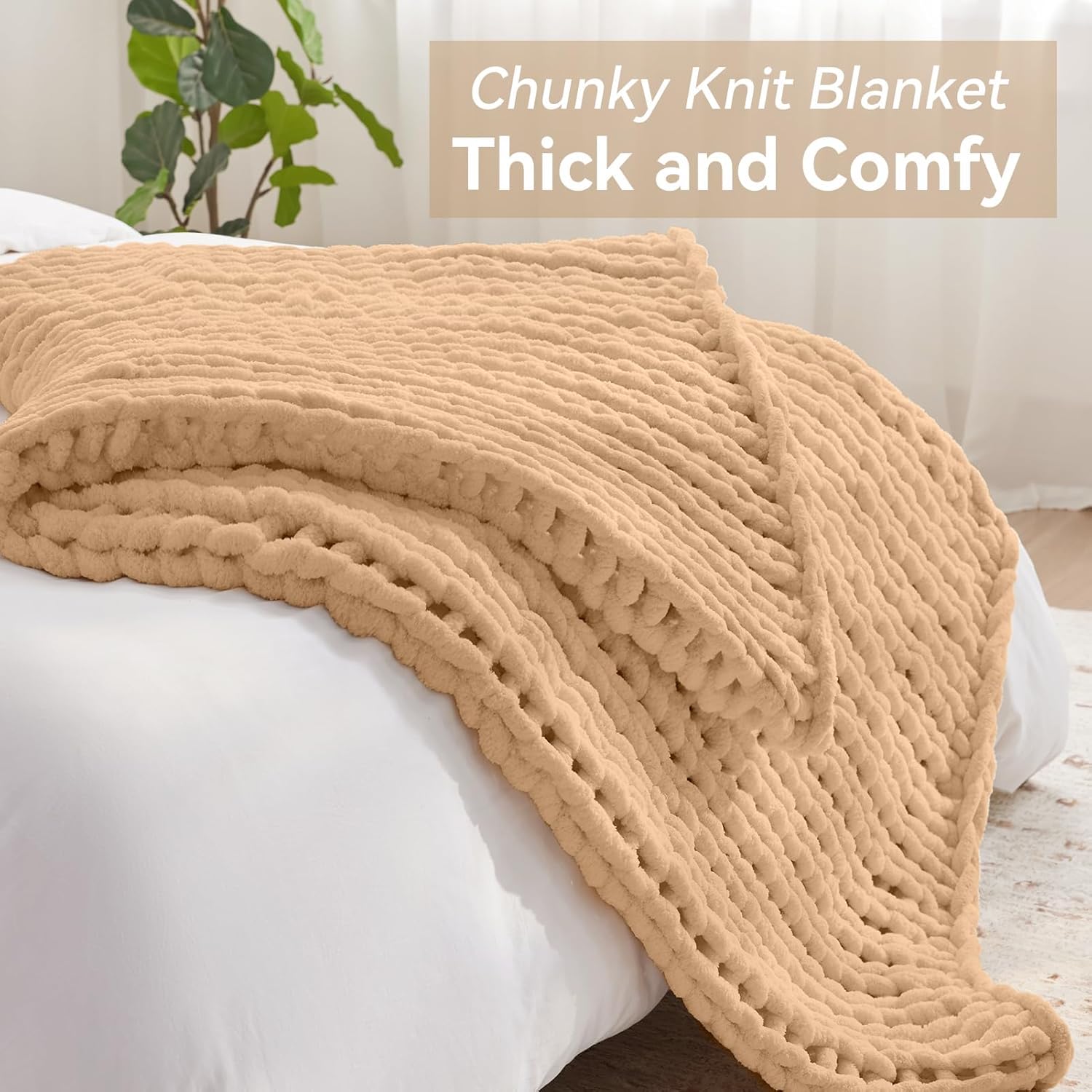 Negwoo Chunky Knit Throw Blanket - Handmade Beige Chenille Yarn | Soft & Comfy 30'' x 40'' Size for Home Decor