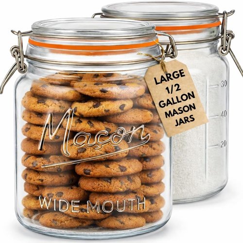 kitchentoolz 64 oz Mason Jars Wide Mouth with Airtight Lids – Set of 2 Half Gallon Glass Jar with Lid – Large Mason Jars with Lids for Kitchen Pantry, Storage, and Canning