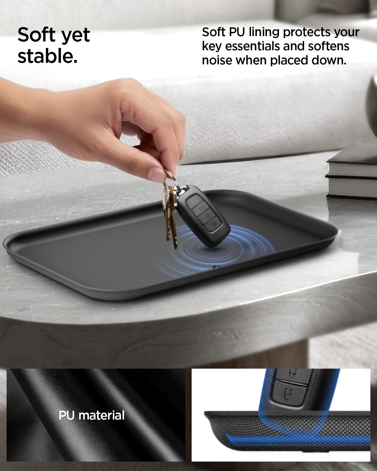 Spigen Modern Valet Tray Premium PU Storage Stylish Organizer Designed for Entryway Bedside Nightstand Desk for Key, Wallet, Watch, Phone, Jewelry, and Everyday Carry Accessories - Black (Catchall)