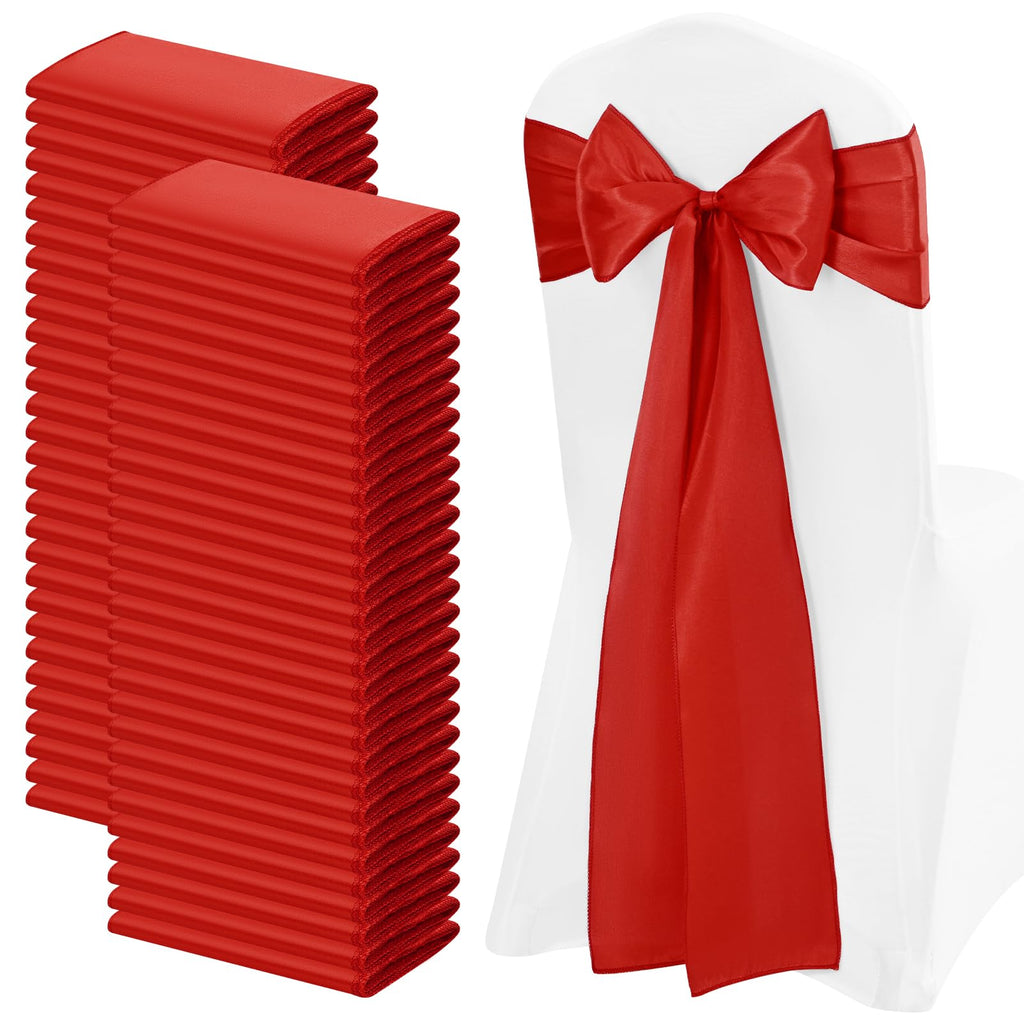 FXKS 100 PCS Satin Chair Sashes Red Bows Sashes for Chair Covers, Washable Reusable Chair Cover Back Tie Supplies for Wedding Reception Christmas Banquets Home Kitchen Decoration (7 x 108 inch)
