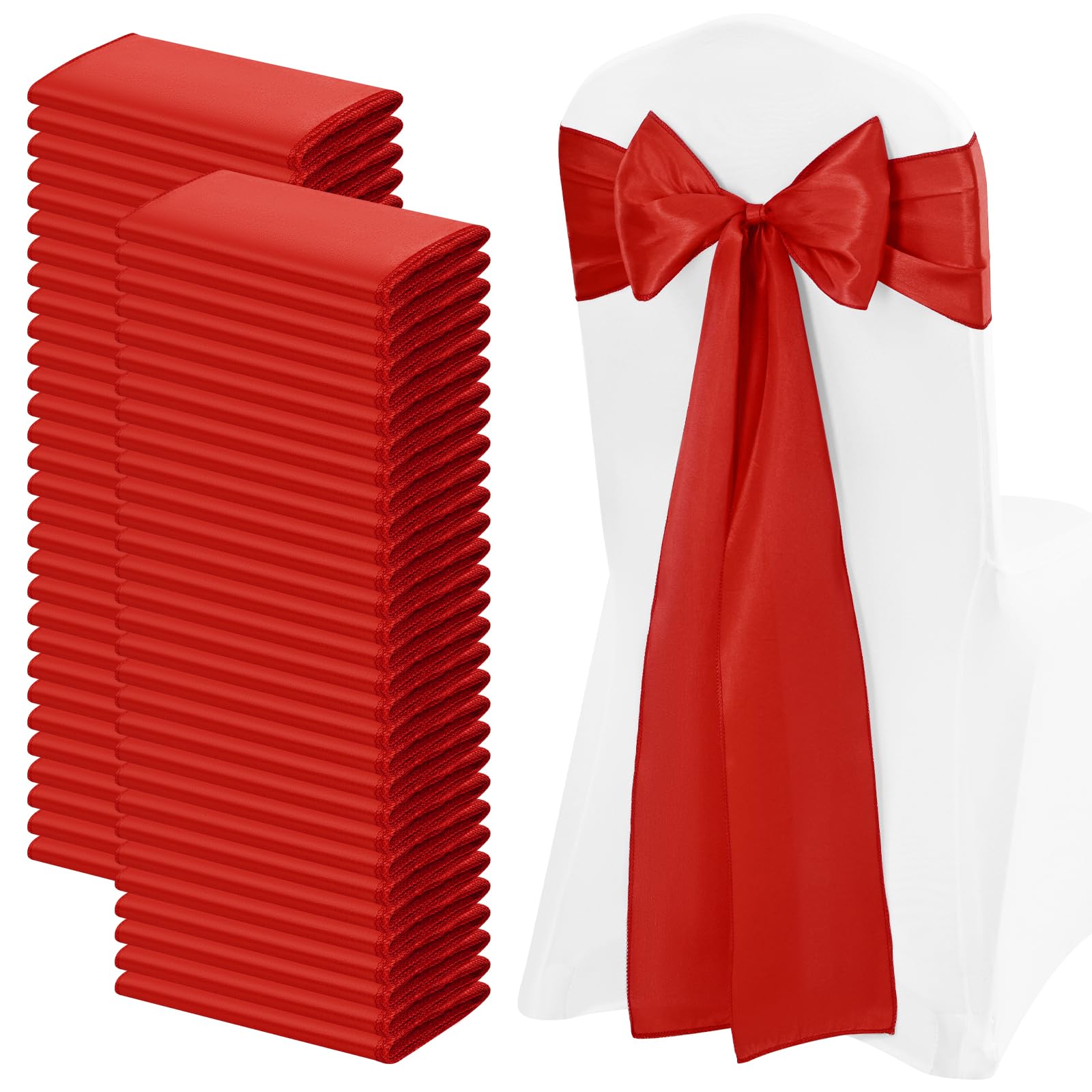 FXKS 100 PCS Satin Chair Sashes Red Bows Sashes for Chair Covers, Washable Reusable Chair Cover Back Tie Supplies for Wedding Reception Christmas Banquets Home Kitchen Decoration (7 x 108 inch)
