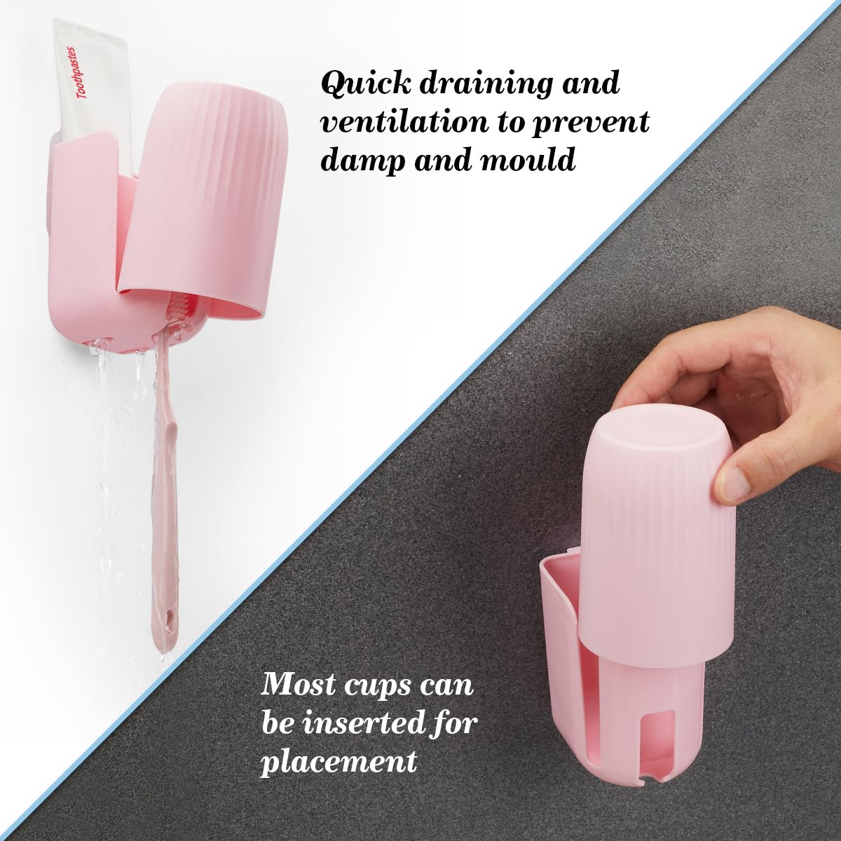 oppfacx Toothbrush Holders for Bathrooms Toothbrush Holders Wall Mounted BPA-Free Tooth Brush Holder with Toothbrush Cup Drilling-Free (Pink)