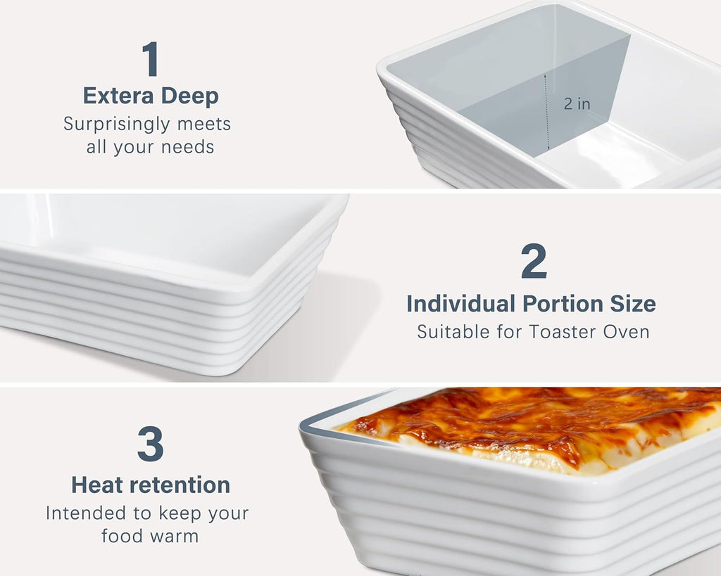 ONEMORE Small Baking Dish - Rectangle Ceramic Casserole for Oven | Set of 4, 5x7, White, Ideal for 1-2 Persons