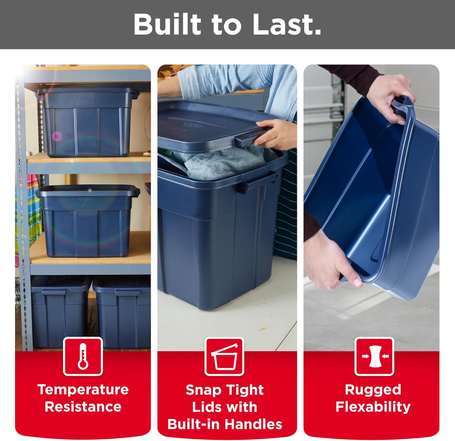 Rubbermaid Roughneck Tote - Durable Dark Indigo Metallic Storage Bins with Lids & Handles | Pack of 10