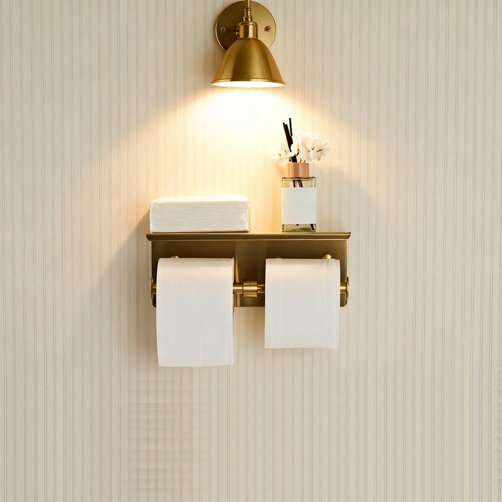 Toilet Paper Holder, NEWRAIN Double Bathroom Toilet Paper Roll Holder with Shelf, Stainless Steel Wall Mounted RV Tissue Roll Holder, Brushed Gold Commercial Farmhouse Toilet Paper Dispenser