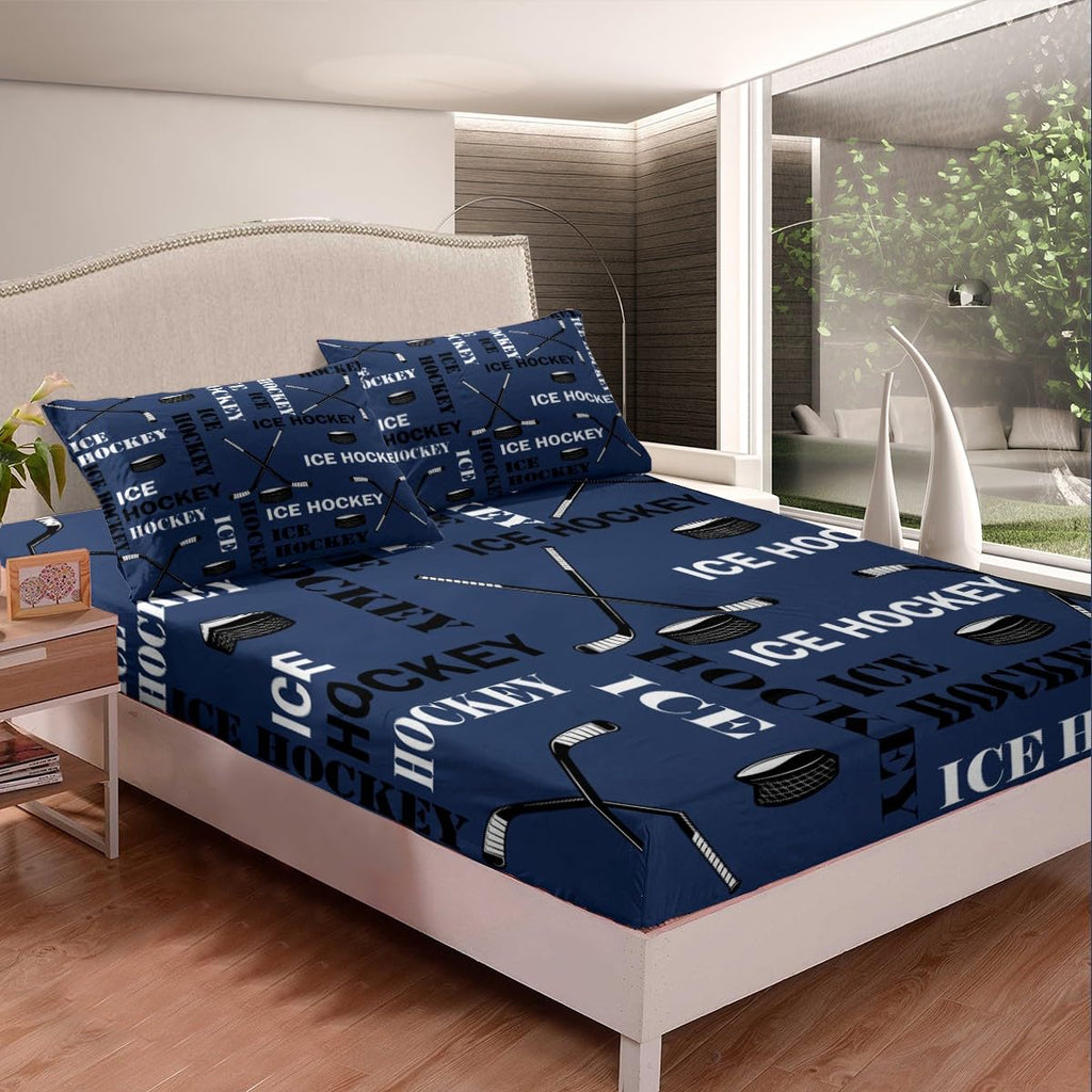 Feelyou Boys Ice Hockey Bed Sheets Twin Size Sports Hockey Pucks Print Sheets Set for Kids Teens Girls Ball Gamer Decorations Bedding Set Blue Fitted Sheet Set Bedroom All Season 1 Pillowcase