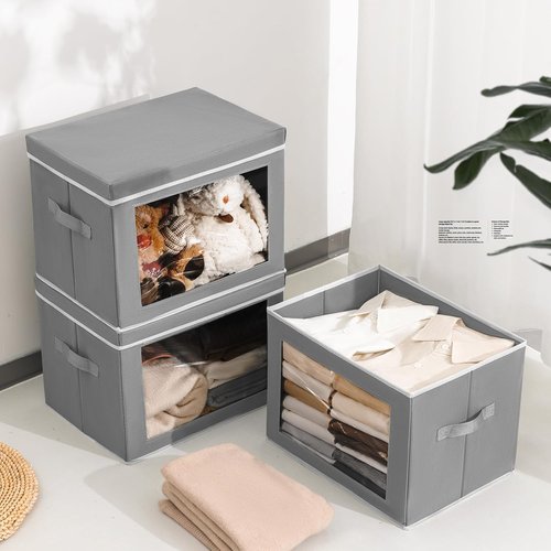Homsorout Large Storage Bins - Collapsible Fabric Cubes with Lids & Window | 15.7 Inch Grey Baskets, 6 Pack
